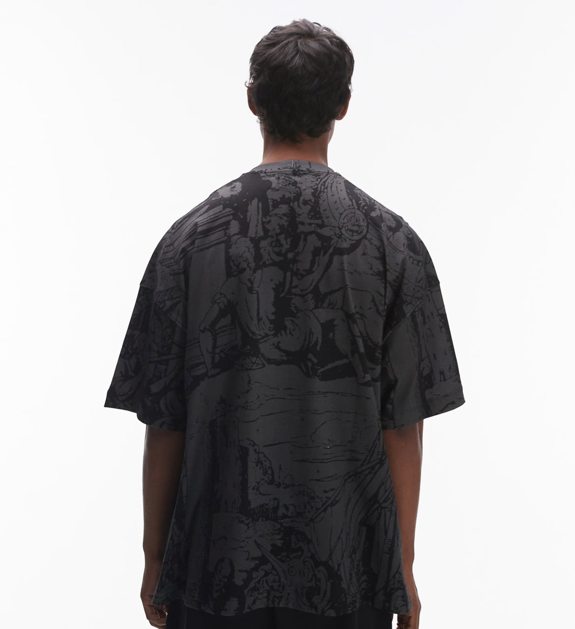 Topman premium heavyweight extreme oversized fit t-shirt with front and back medieval scene print in washed black