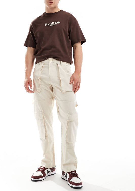 ASOS DESIGN baggy cargo trouser in ecru ripstop with carpenter loop