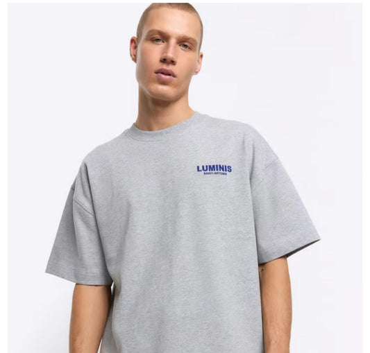 River Island Mens T-Shirt Grey Oversized Graphic Heavyweight