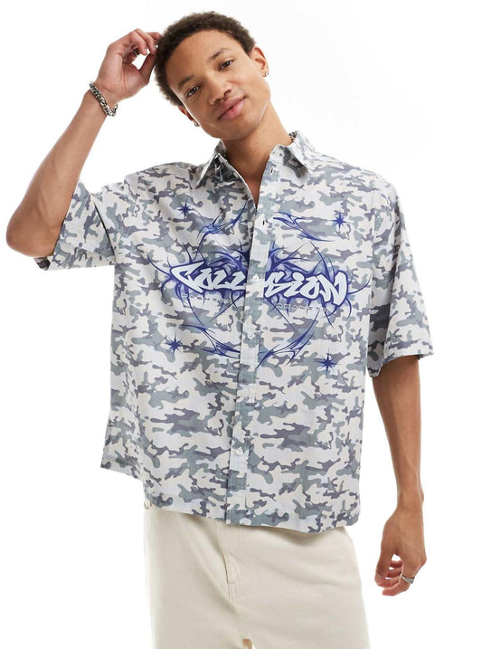 COLLUSION boxy skater shirt in washed blue camo print