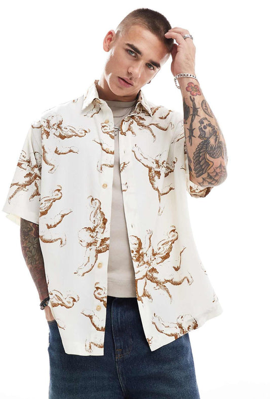 ASOS DESIGN oversized shirt with cherub print in neutral