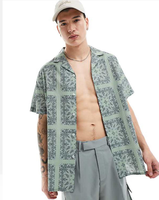 ASOS DESIGN relaxed revere shirt with tile bandana print in sage