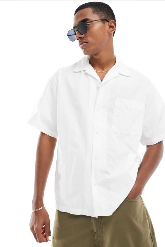 Selected Homme boxy oversized revere collar seersucker shirt in white