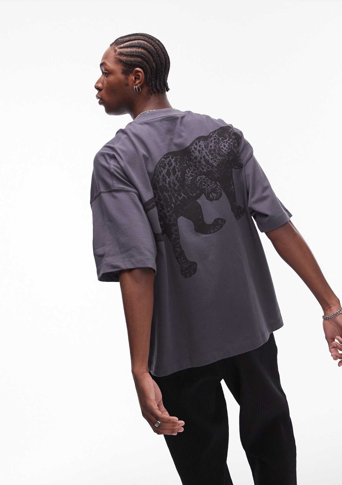 Topman premium extreme oversized fit t-shirt with front and back embroidered leopard in charcoal