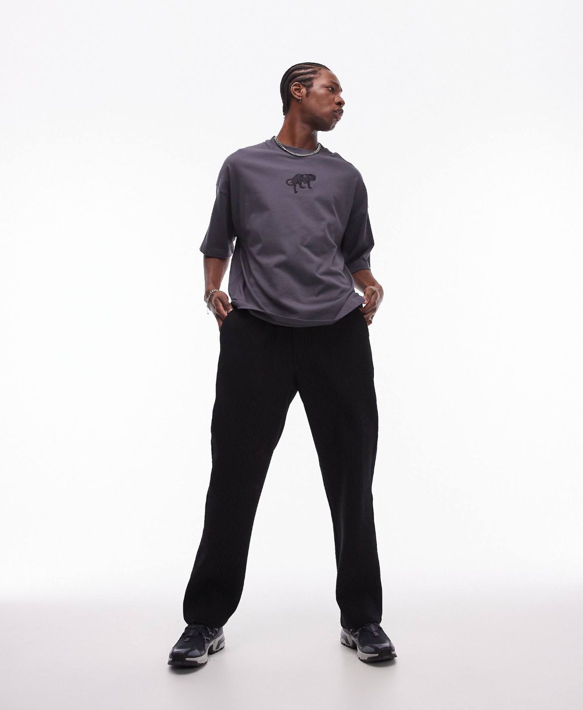 Topman premium extreme oversized fit t-shirt with front and back embroidered leopard in charcoal