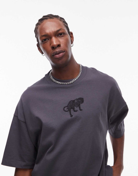 Topman premium extreme oversized fit t-shirt with front and back embroidered leopard in charcoal