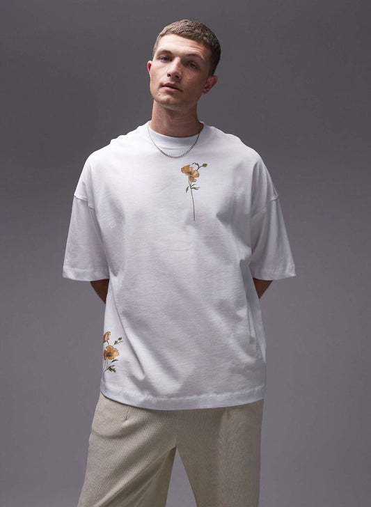 Topman premium extreme oversized fit t-shirt with yellow poppies front and back print in white