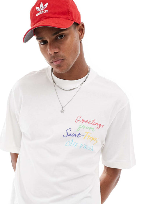 ONLY & SONS relaxed fit t-shirt with Saint Tropez pocket print in off white