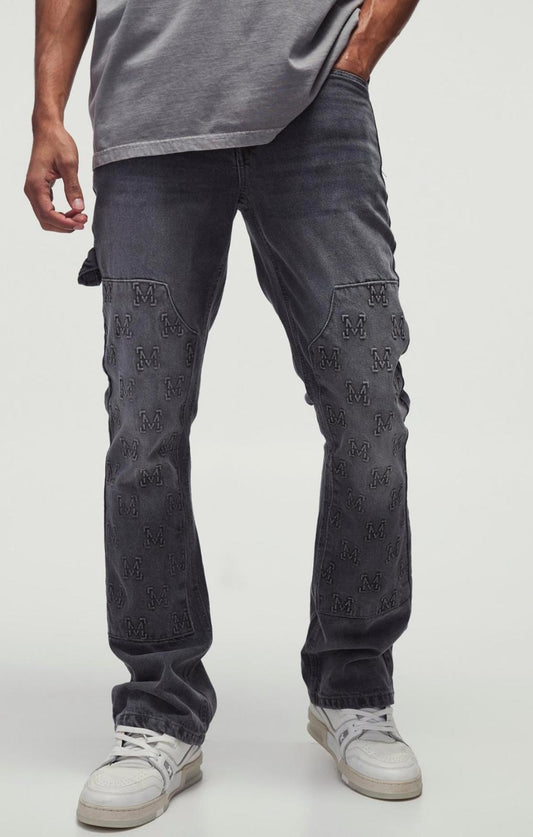 boohooman Slim Flared Carpenter Cross Embroidered Jeans