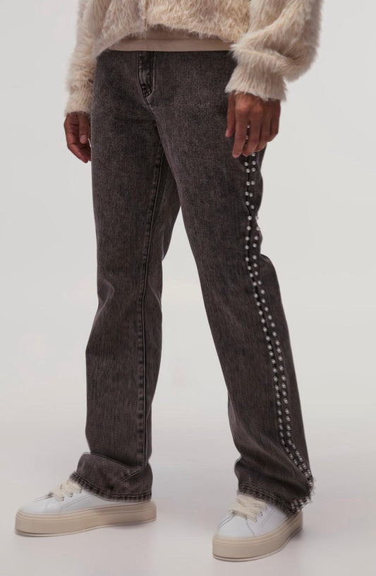 Boohooman Relaxed Flared Pearl Side Detail Jeans