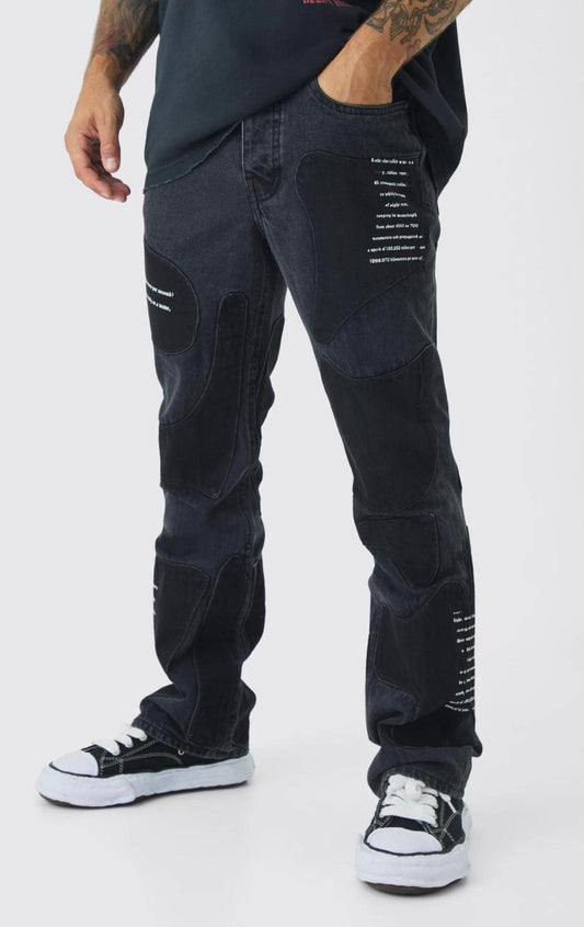 boohooman Rigid Slim Flare Patchwork Applique Jeans