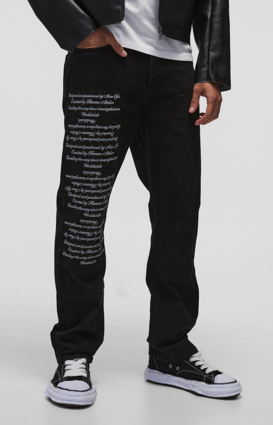 Boohooman Relaxed Rigid Embroidery Carpenter Denim Jeans