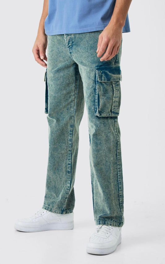 Boohooman  Relaxed Cargo Acid Wash Cord Trouser In Navy