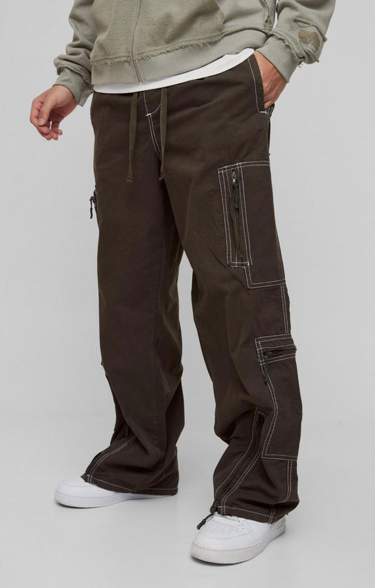 Boohooman  Elasticated Waist Baggy Canvas Contrast Stitch Cargo Trousers