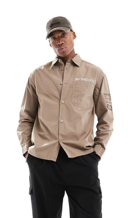 ONLY & SONS relaxed shirt with NYC prints in beige