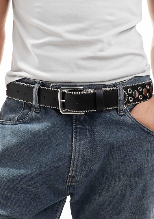 ASOS DESIGN faux leather belt with fire graphic and studs in black