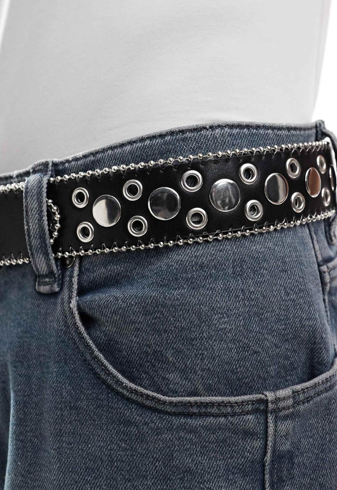 ASOS DESIGN faux leather belt with fire graphic and studs in black