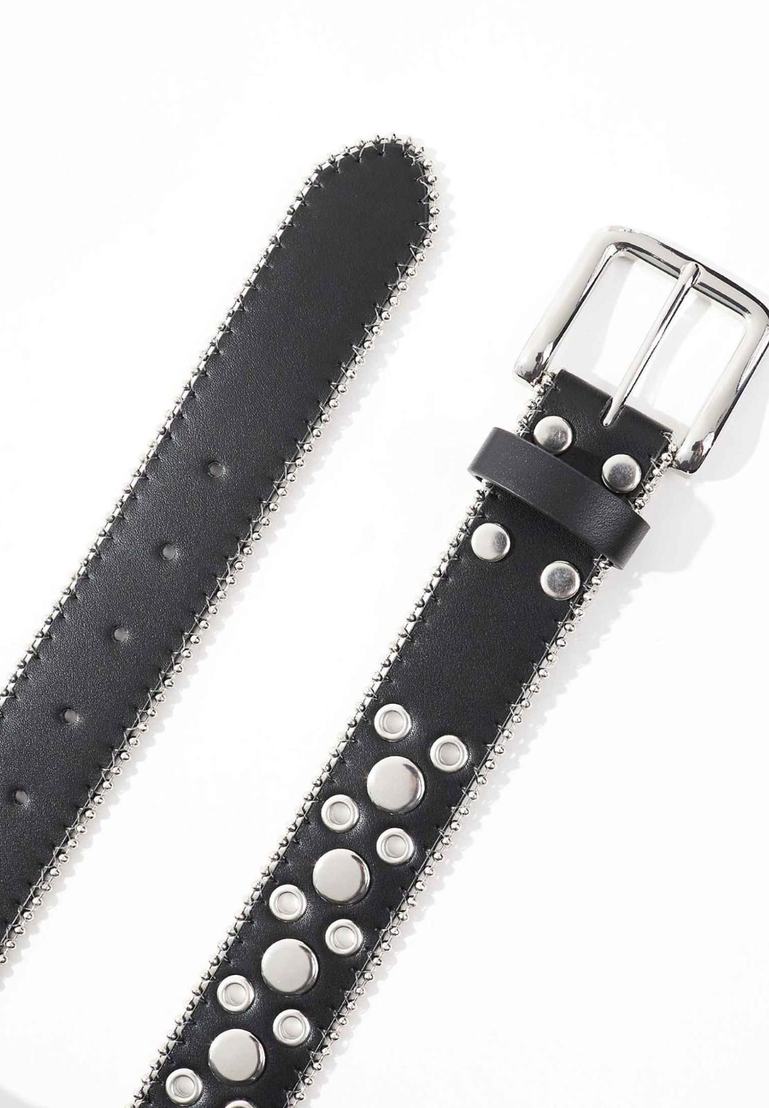 ASOS DESIGN faux leather belt with fire graphic and studs in black