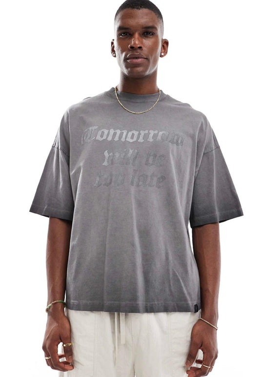 Pull&Bear tomorrow will be late front printed t-shirt in washed black