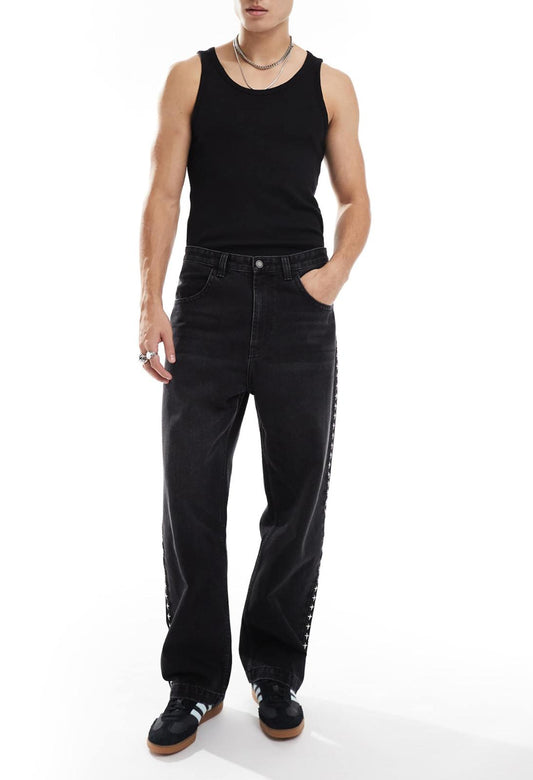 Bershka baggy fit studded jean in black