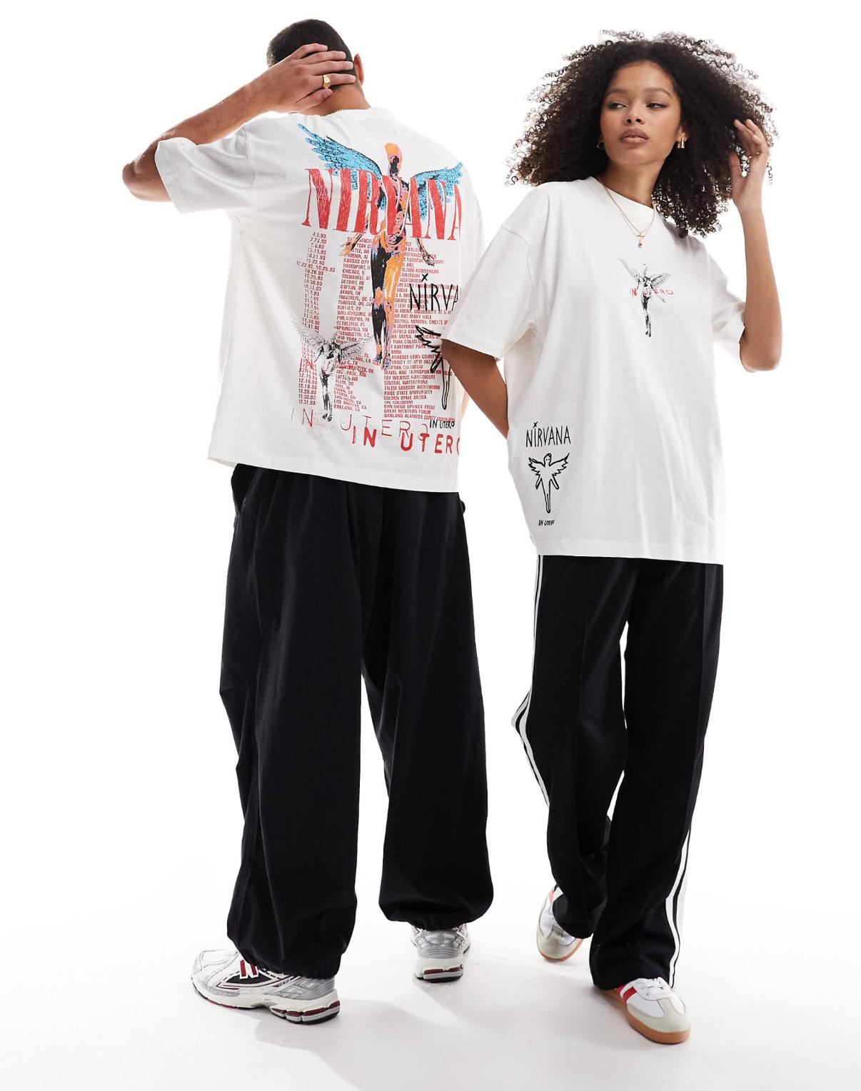 ASOS DESIGN unisex oversized t-shirt with Nirvana Tour prints in off white