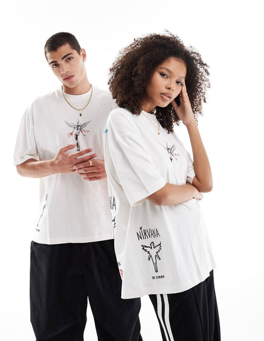ASOS DESIGN unisex oversized t-shirt with Nirvana Tour prints in off white