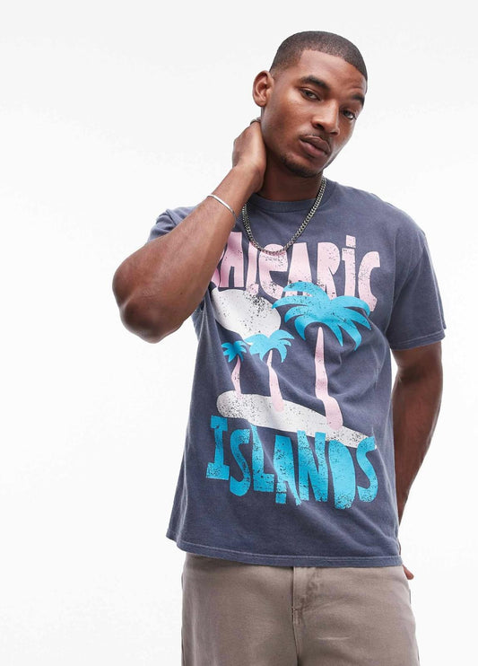 Topman oversized fit t-shirt with Balearic print in washed blue