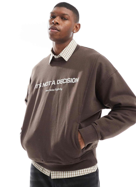 Pull&Bear not a decision printed sweatshirt in washed brown