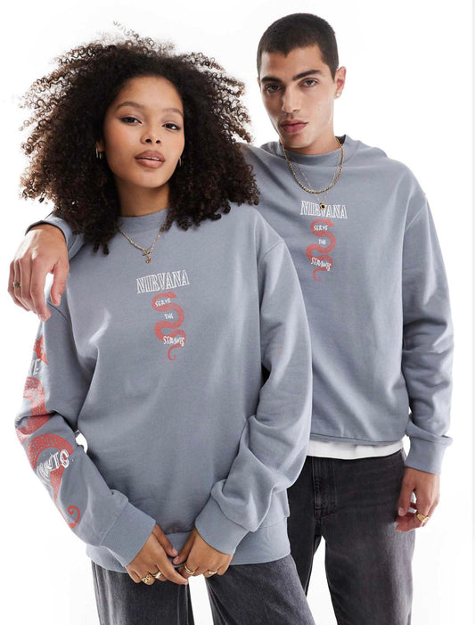 ASOS DESIGN unisex oversized sweatshirt with Nirvana Serve The Servants prints in grey