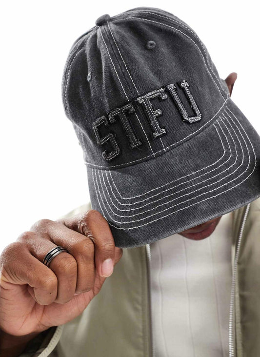 ASOS DESIGN distressed cap with embroidery in grey
