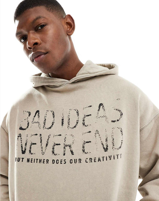 Pull&Bear bad ideas printed hoodie in beige